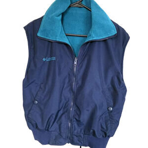 Columbia Vintage 90s Reversible Navy Teal Turquoise Flc Vest Jacket Womens Sz M